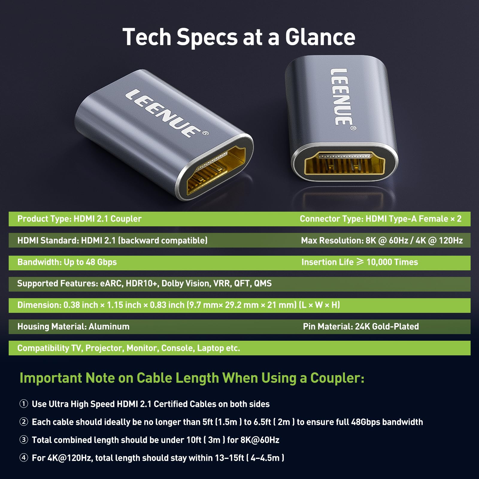 Connecteur HDMI 8K, 2 pièces Rallonge HDMI 2.1 Connecteur Femelle vers Femelle, Adaptateur prenant en Charge 8K@60Hz, 4K@120Hz UHD HDR eARC 3D Dolby, pour Ordinateur Portable, PC, Moniteur