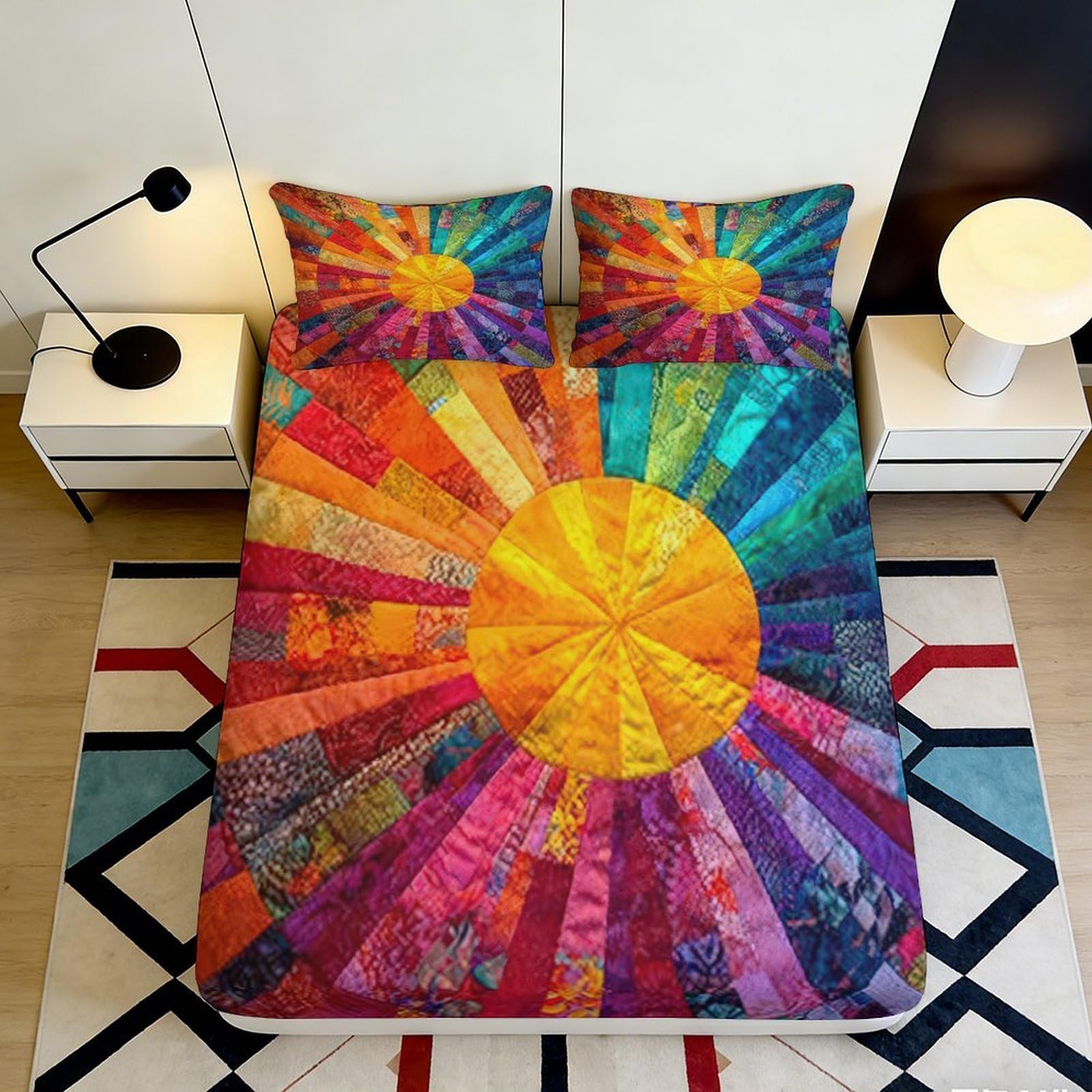 3D Printed Sunrise Sunburst Fitted Sheet Microfiber Rainbow Sunray Mattress Cover Colorful Bedroom Decor 90x200x25cm