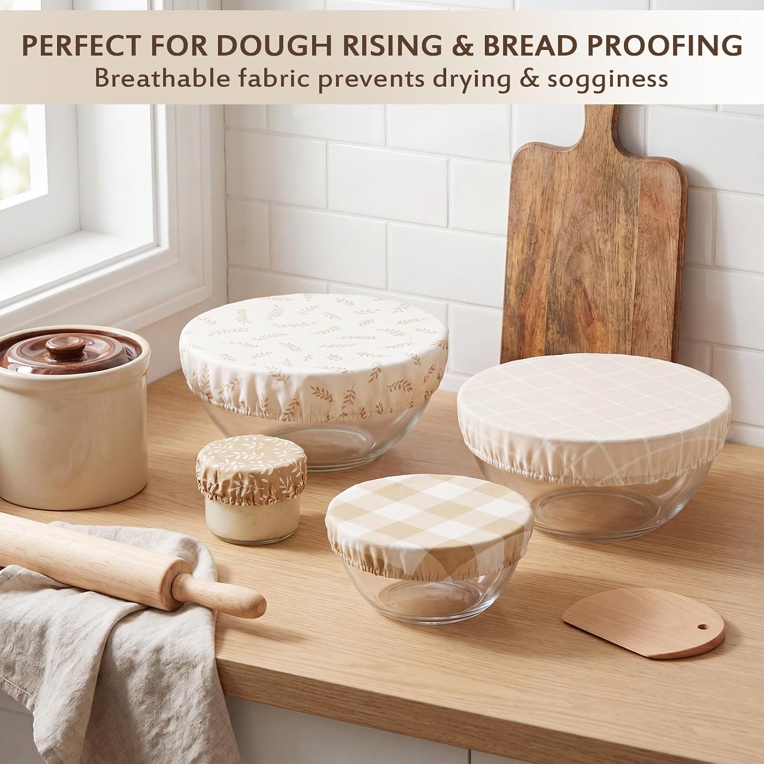 Mindsoft 4 Pcs Reusable Bowl Covers for Bread Proofing, 4/8/10/13 Inch Linen Cotton Blend Bowl Lids with Elastic, Durable Food Covers for Dough Proofing Food Storage Leftover (Cream Color)