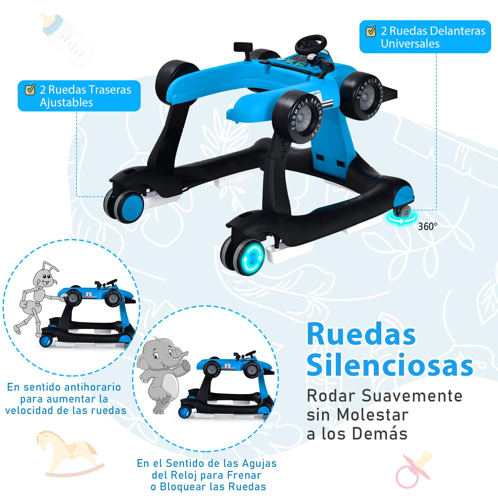 RELAX4LIFE 4 en 1 Andador para Bebés 6-18 Meses, Andador Plegable con Altura Regulable en 3 Niveles, Tacatá Bebés con Luces, Sonidos y Velocidad Controlable, 64 x 73 x 50,5-55,5 cm (Azul) — view 6