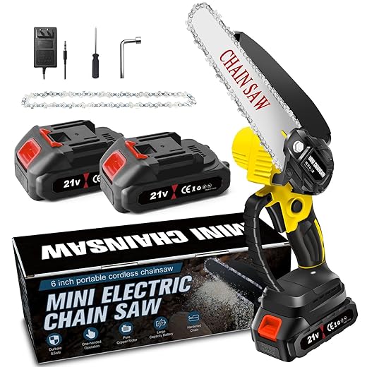 Mini Chainsaw Cordless 6 Inch, Electric Chain Saw, Cordless Small Chainsaw, Battery Powered Handheld With Security Lock for Trees Branches Trimming Wood Cutting (2Pcs Batteries and 2Pcs Chains)