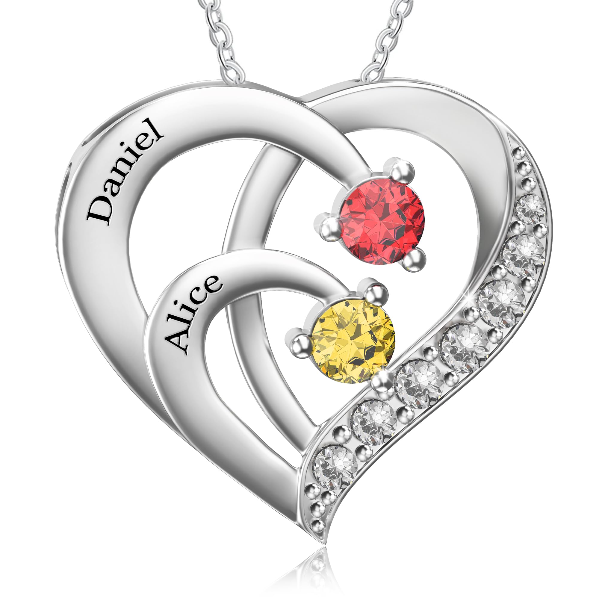 Custom Name Necklace with Simulated Birthstones Customized Promise Necklace Heart Pendant with Engraved 2-6 Names - Anniversary Birthday Christmas Jewelry Gifts for Women Wife Mom Grandma