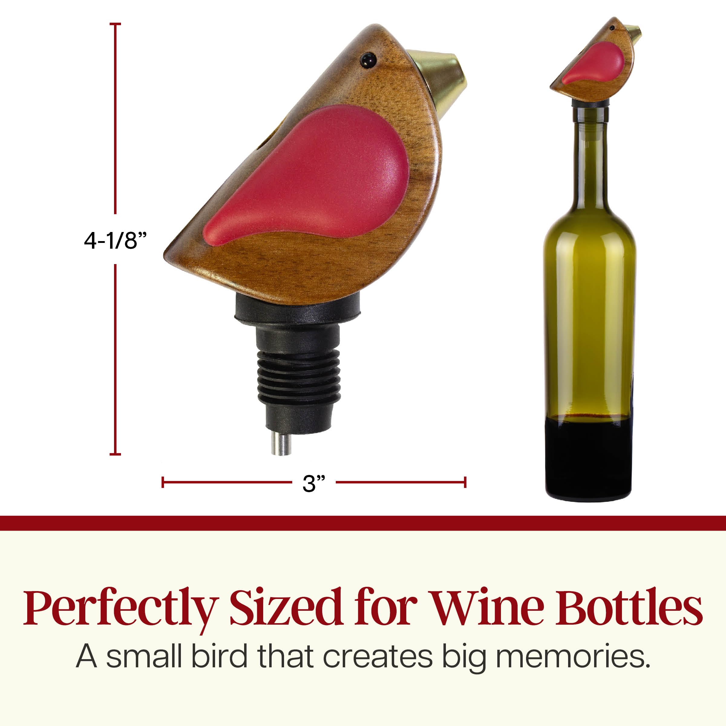 Songbird Specialties Vertedor de botellas de vino, divertido vertedor de vino canta mientras se vierte, sellador hermético de botellas de vino, madera de acacia con alas rojas