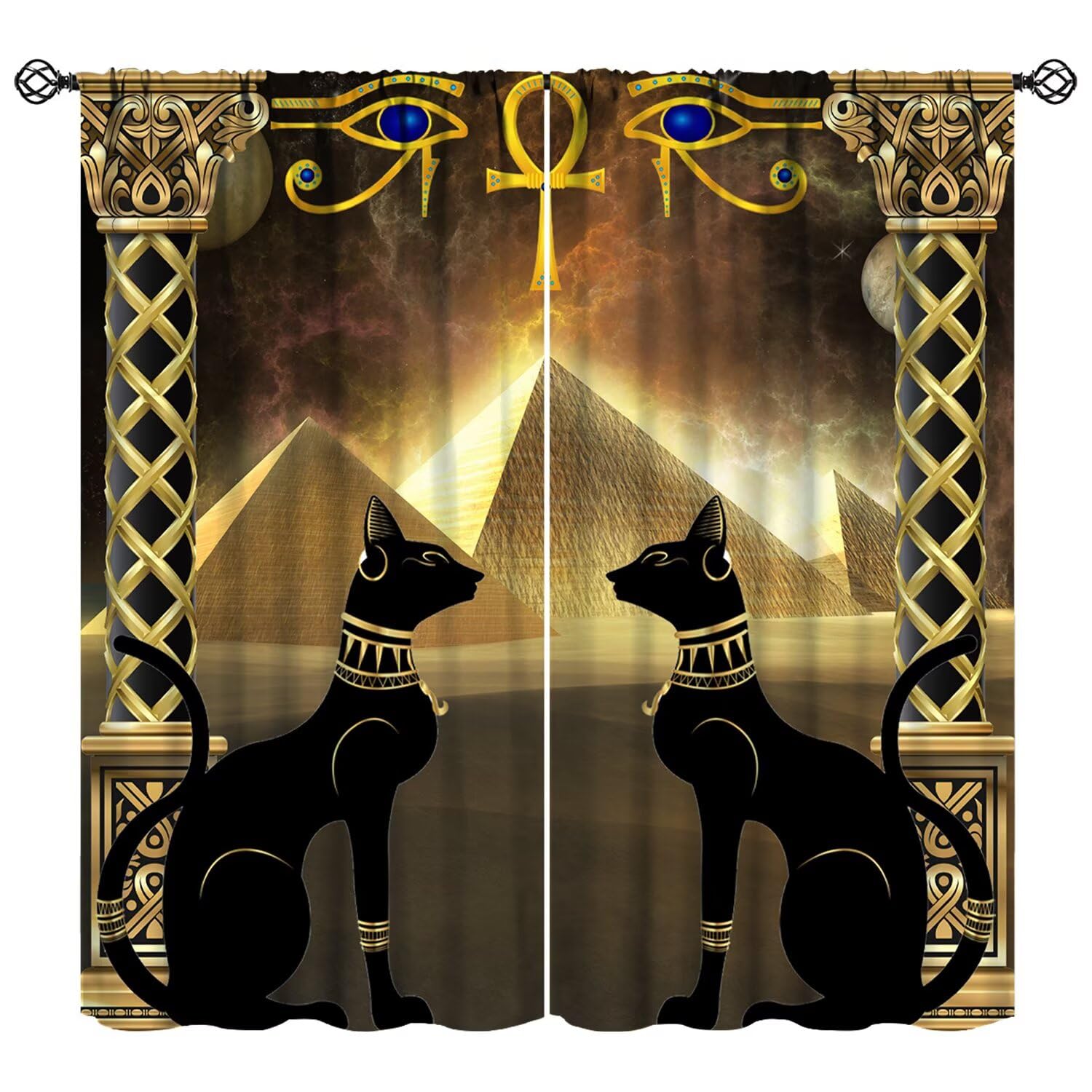 Nitmbi Egyptian Blackout Curtains，Ancient Egypt Civilization Vintage Mysterious Horus Eye Black Cat Pattern 2 Panel Rod Pocket Window Drapes for