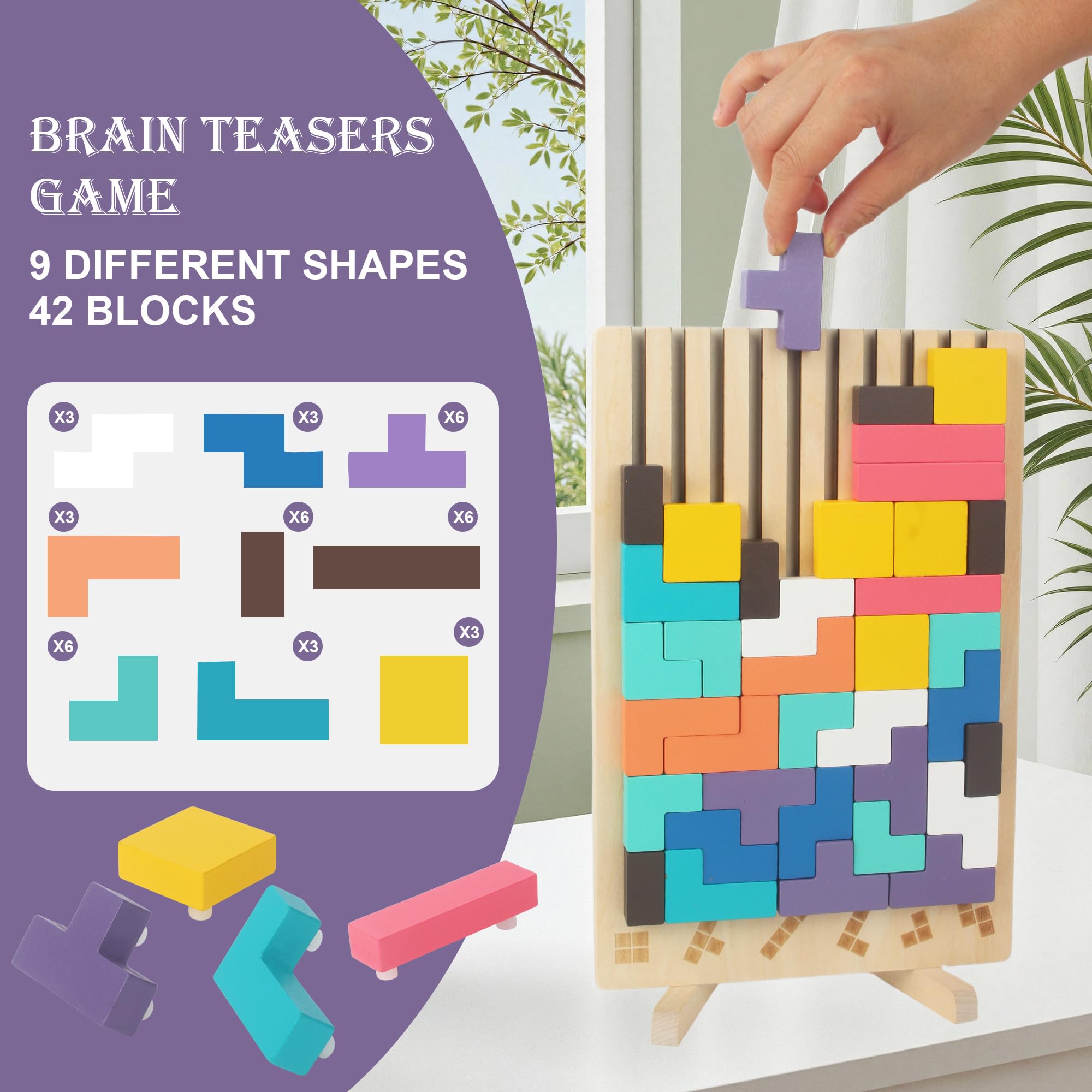 Gioco Impilabile in Legno Tetris, Giocattoli Educativi, con 10 Carte, Intelligenza Jigsaw, Puzzle Bambini 3 4 5 6 Anni, Colorato Blocchi Geometrici Tetris, Regalo Educativi