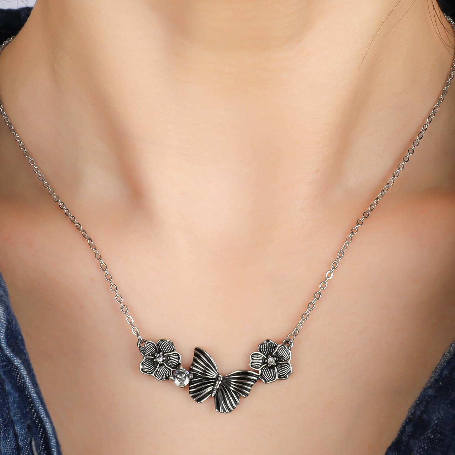 Vintage Silver Butterfly Necklace for Women 14K White Gold Plated Flower Butterfly Pendant Necklace Punk Retro Textured Butterfly Charm Choker Necklace Adjustable Insect Trendy Jewelry Gift for Women - Image 4