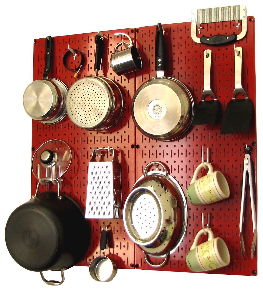 Wall Control Kitchen Pegboard Organizer Pots and Pans Storage Rack  Organization Kit with Red Pegboard and White Accessories