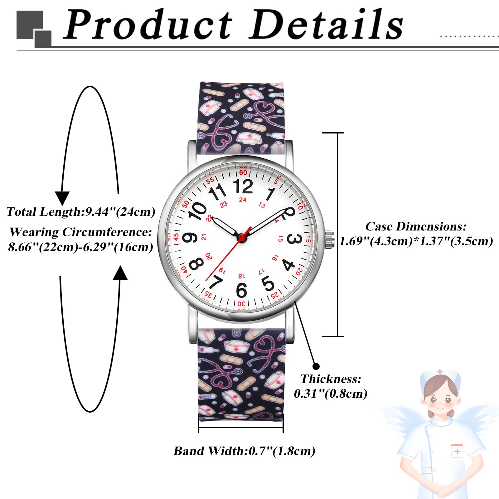 JewelryWe Uhren Damen Silikon Schwesternuhr Wasserdicht Analog Quarz Armbanduhr Frauen Gummi Armband Uhr mit Pulsberechnung für Krankenschwester Ärzte Sanitäter