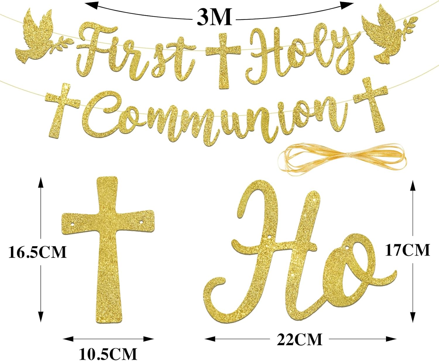 Frist Holy Communion Glitter Banner Garland +5pcs Frist Holy Communion Cake Toppers Gold Glitter Dove Cross Grail Gold Cupcake Toppers Christening Decoration Kit for Baptism Communion Party Supply