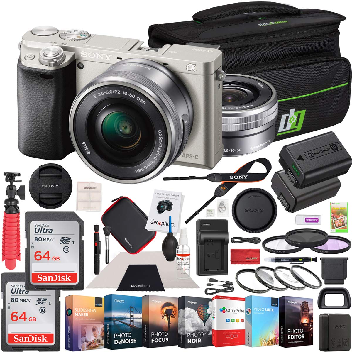 Sony Alpha a6000 Mirrorless Digital Camera 24.3MP SLR (Silver) with 16-50mm Lens ILCE-6000L/S 128GB Memory Deco Gear Case Filter Kit Charger & Extra Battery Power Editing Bundle