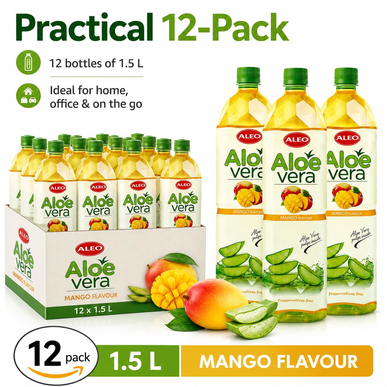 ALEO 1.5L Premium Mango Aloe Vera Drink - Natural, No Preservatives, No Artificial Colors Superior Taste Award 2025