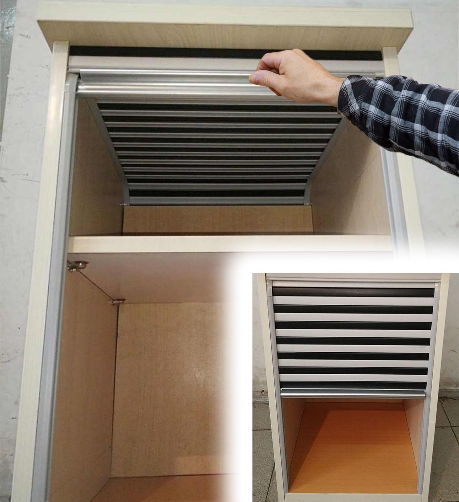 Plastikowy system drzwi żaluzjowych DIY, zestaw drzwi do szafki garażowej na mały sprzęt AGD, blat kuchenny z szyną U do biura/hotelu/domu(32 x 18 inch)