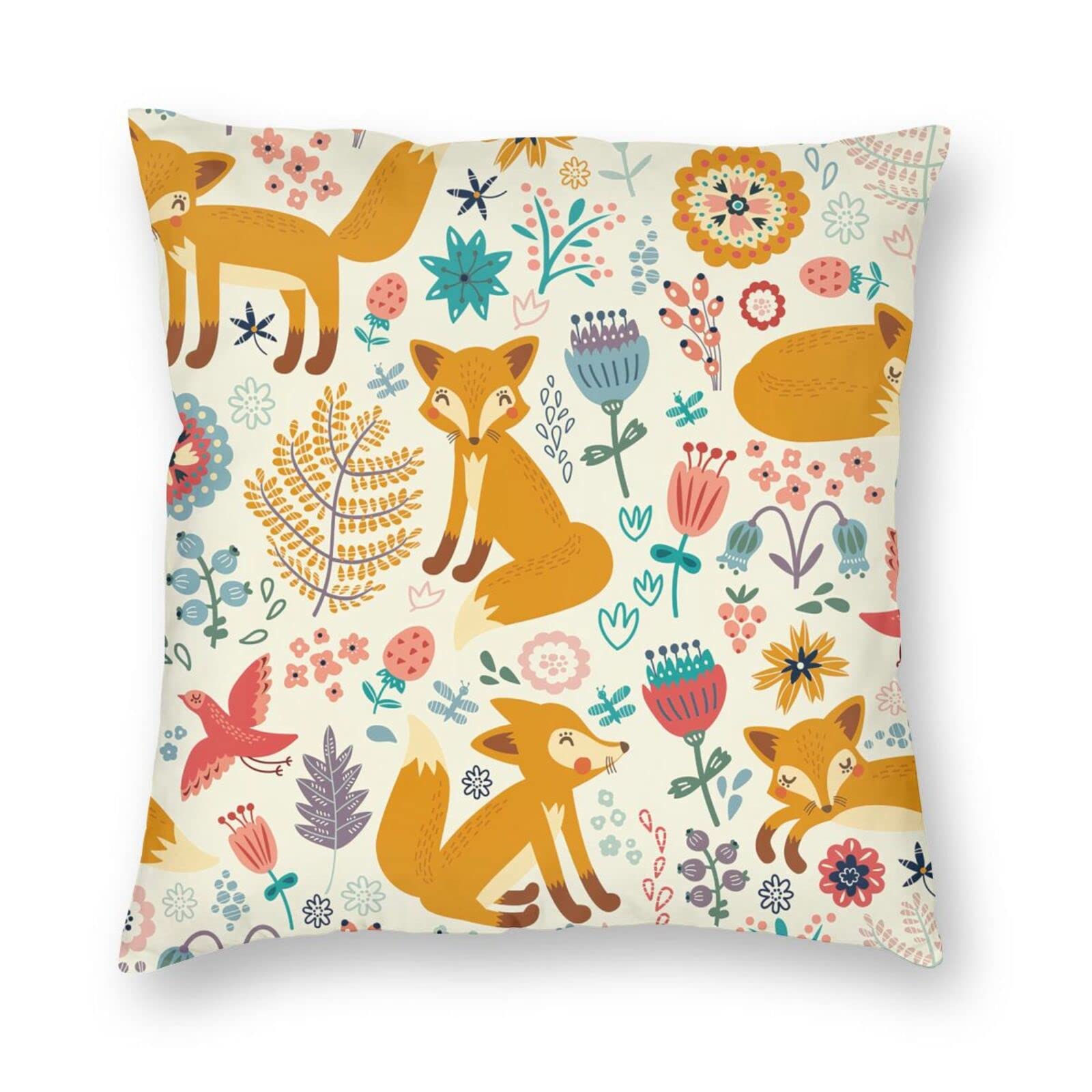 Fox Pillowcase with Hidden Zipper Natural Wildlife Composition with Cute Foxes Ornate Flowers Flying Birds Girl Nursery Throw Cushion Covers Home Decor for Sofa Room Car Size 16x16 Inches