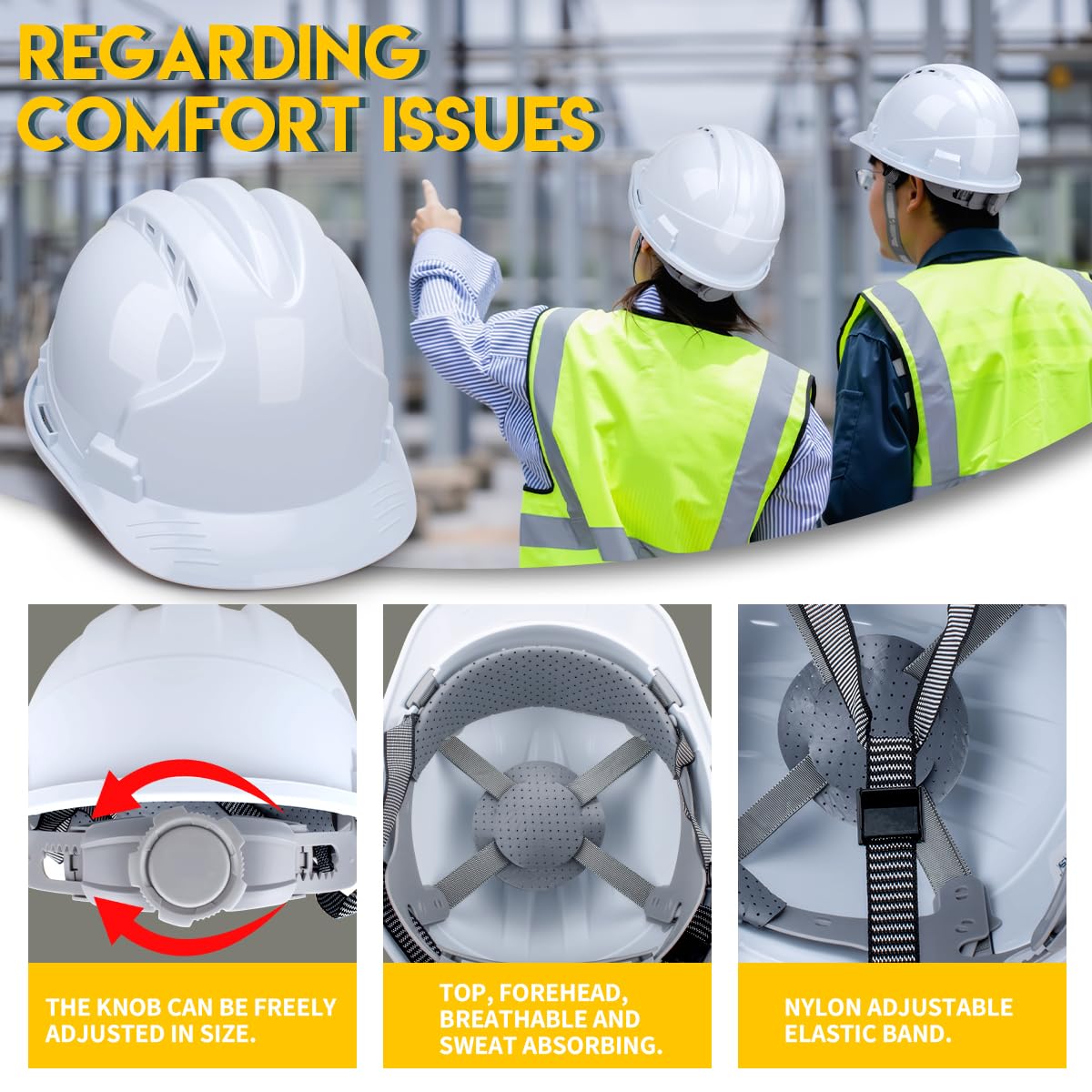Casque de sécurité Blanc ABS, certifié EN398, avec des Vents d'aération et Une Bande Frontale réglable, Casques industriels pour Le bâtiment, la Construction et Les Chantiers de Travail.