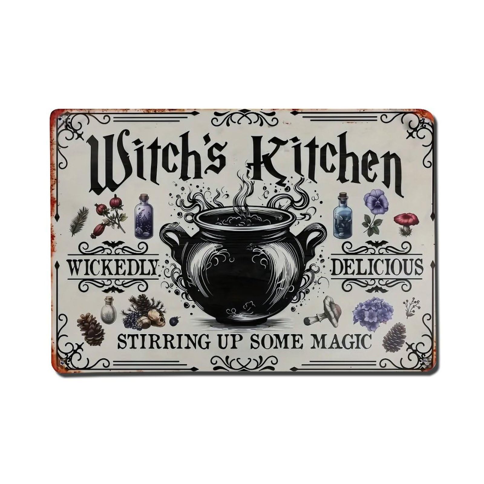 Nestemfo Vintage Witchs Kitchen Cauldron Magic Sign Tin Sign Metal Sign, Living Room,Bar, Home, Bedroom Wall Decor,Retro Metal Poster 8X12 Inches