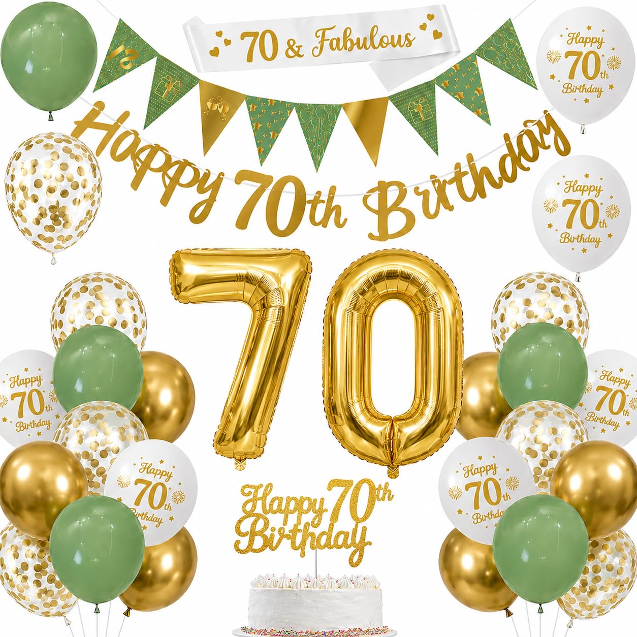 Omrel Green & Gold 70th Birthday Decoration for Women - Happy 70th Birthday Banner For Women, Triangle Flag Banner, Number 70th Birthday Balloons For Party Decorations