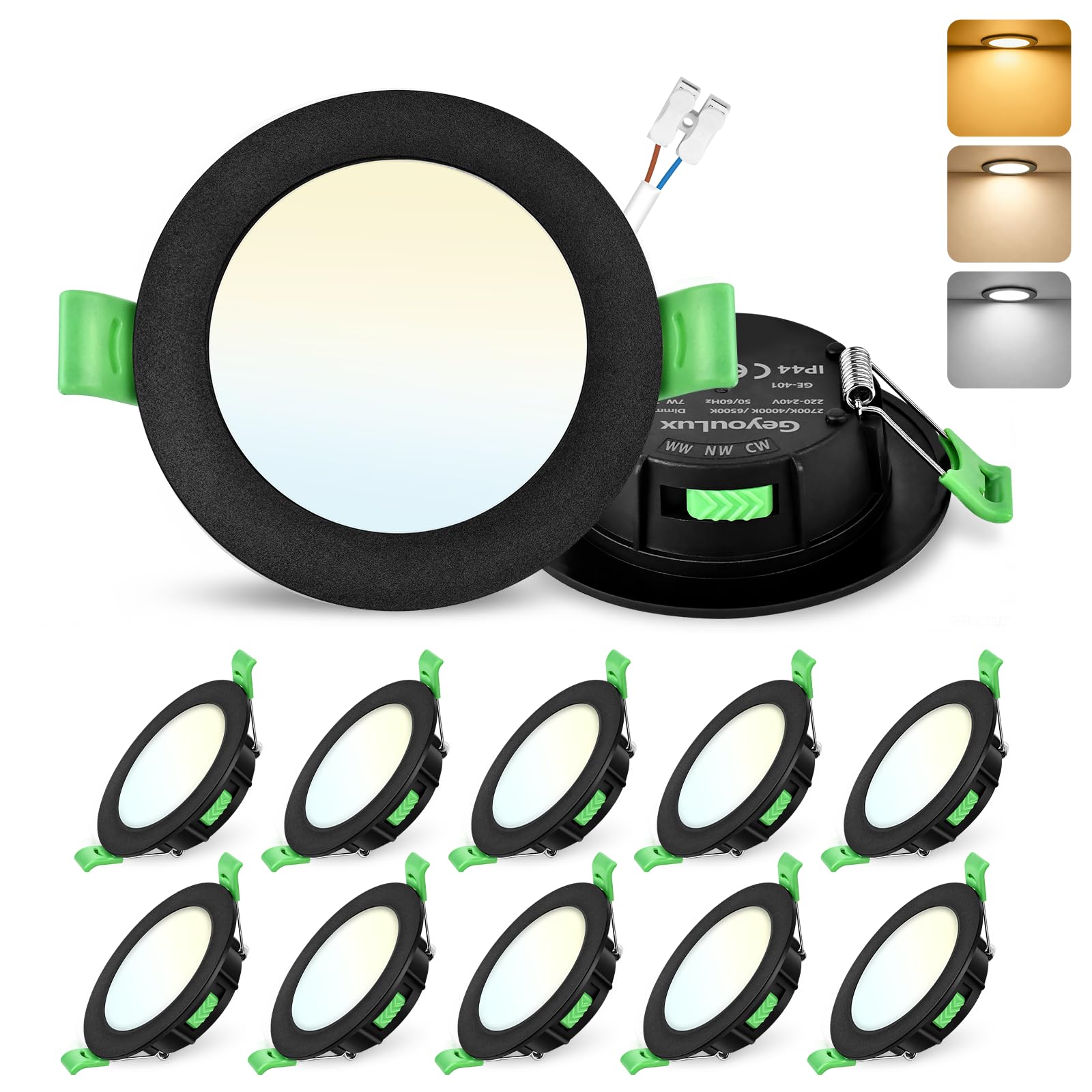 GeyouLux Einbaustrahler LED, 65-75mm Lochmaß 7W 700LM LED Einbaustrahler 230V Dimmbar, IP44 2700K/4000K/6500K Deckenspots, Extra Flach Spots Deckenleuchte für Badezimmer Küche, Schwarz 10er Set