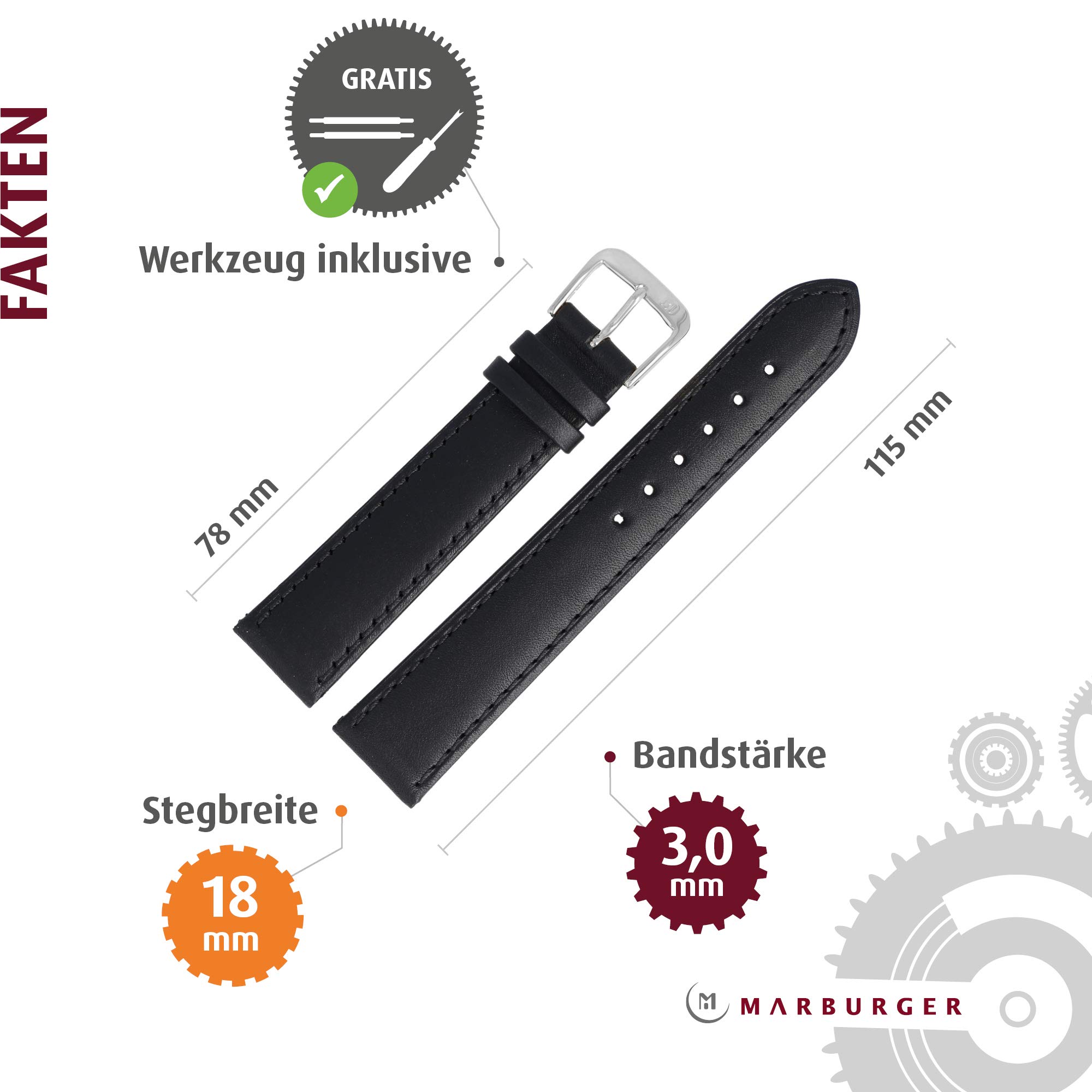 MARBURGER Uhrenarmband 18mm Leder Glatt - Werkzeug Montage Set 80718