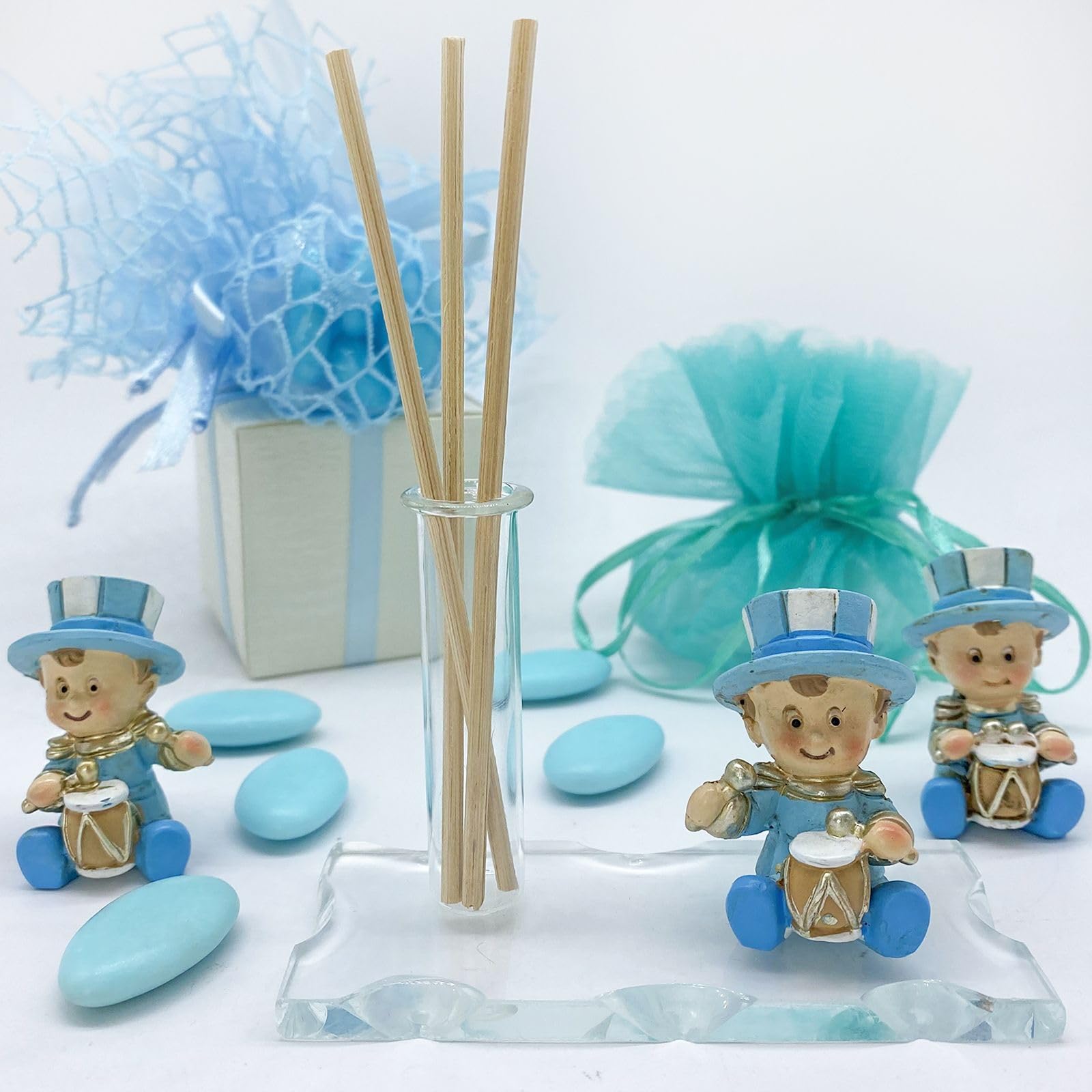 Doni Bomboniere base in vetro con fiala e bacchette, bomboniera, profumatore ambiente con statuina Jolly con tamburello di colore celeste, utile per feste compleanno bimbo (10 pezzi - Senza Incisione)