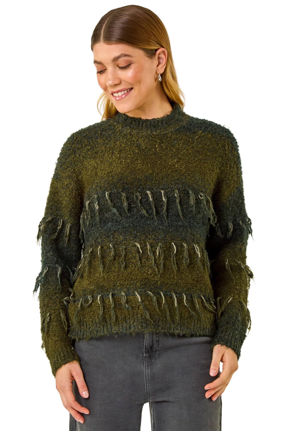Roman Originals Women's Dark Green Tassel Stripe Crew Neck Jumper For Uk - Everyday Autumn Winter Crew Neckline Comfy Soft Evening Vacation Work Party Night Out - Size 14