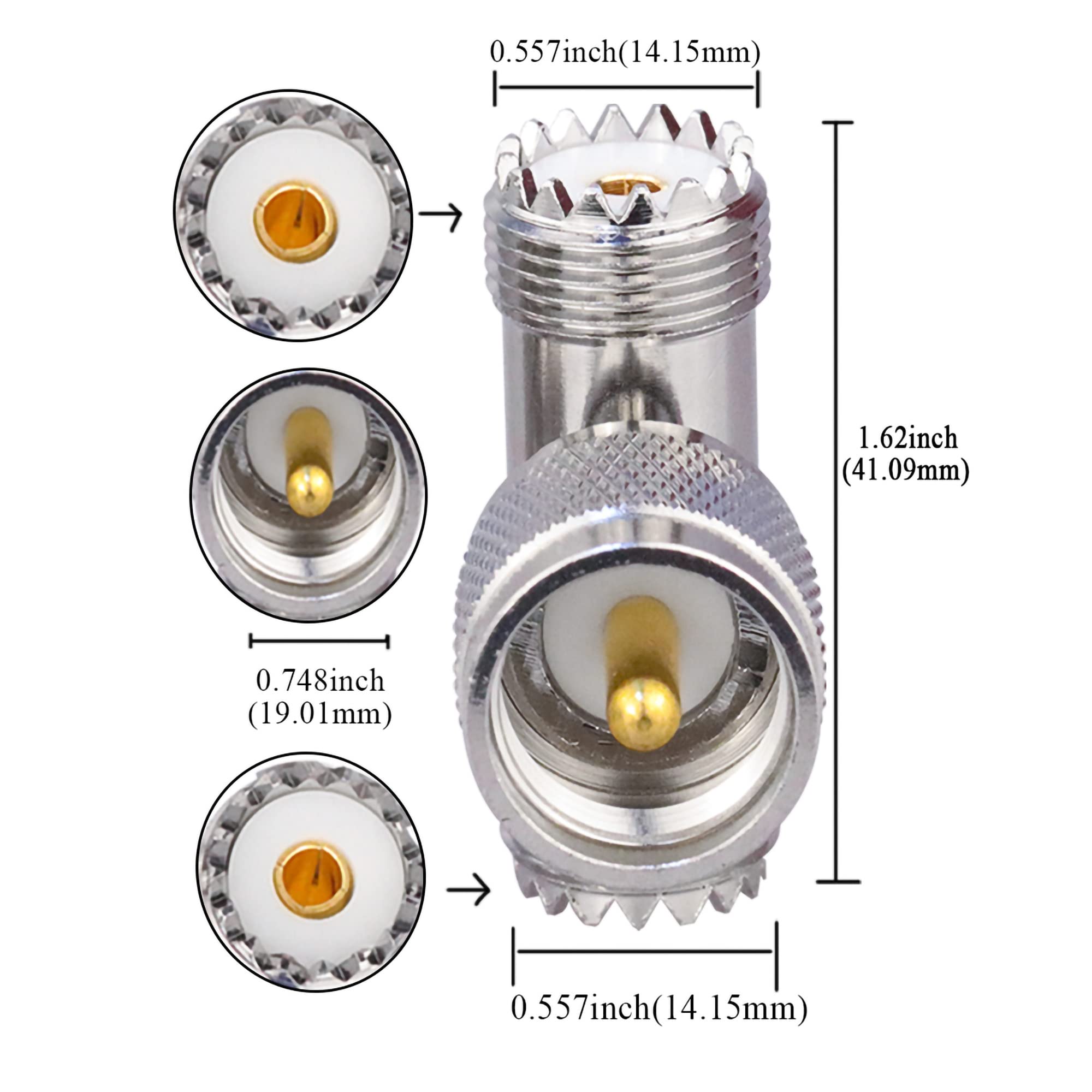 RF Design UHF Triple Tee Connector - UHF Female To Dual UHF Female 3-Way Splitter For Ham Radio & CB Antenna
