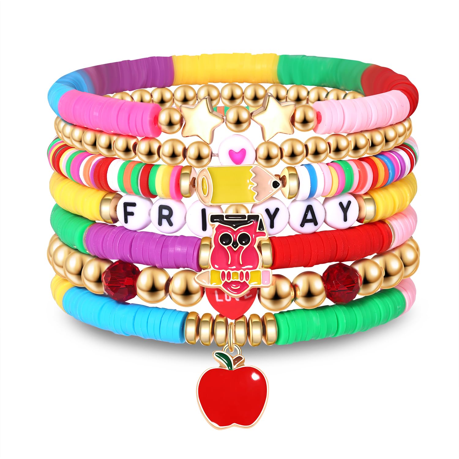 XOCARTIGE Surfer Heishi Bracelets for Women Stackable Rainbow Vinyl Disc Clay Beaded Stretch Bracelets Elastic Layering Friendship Bracelets Boho