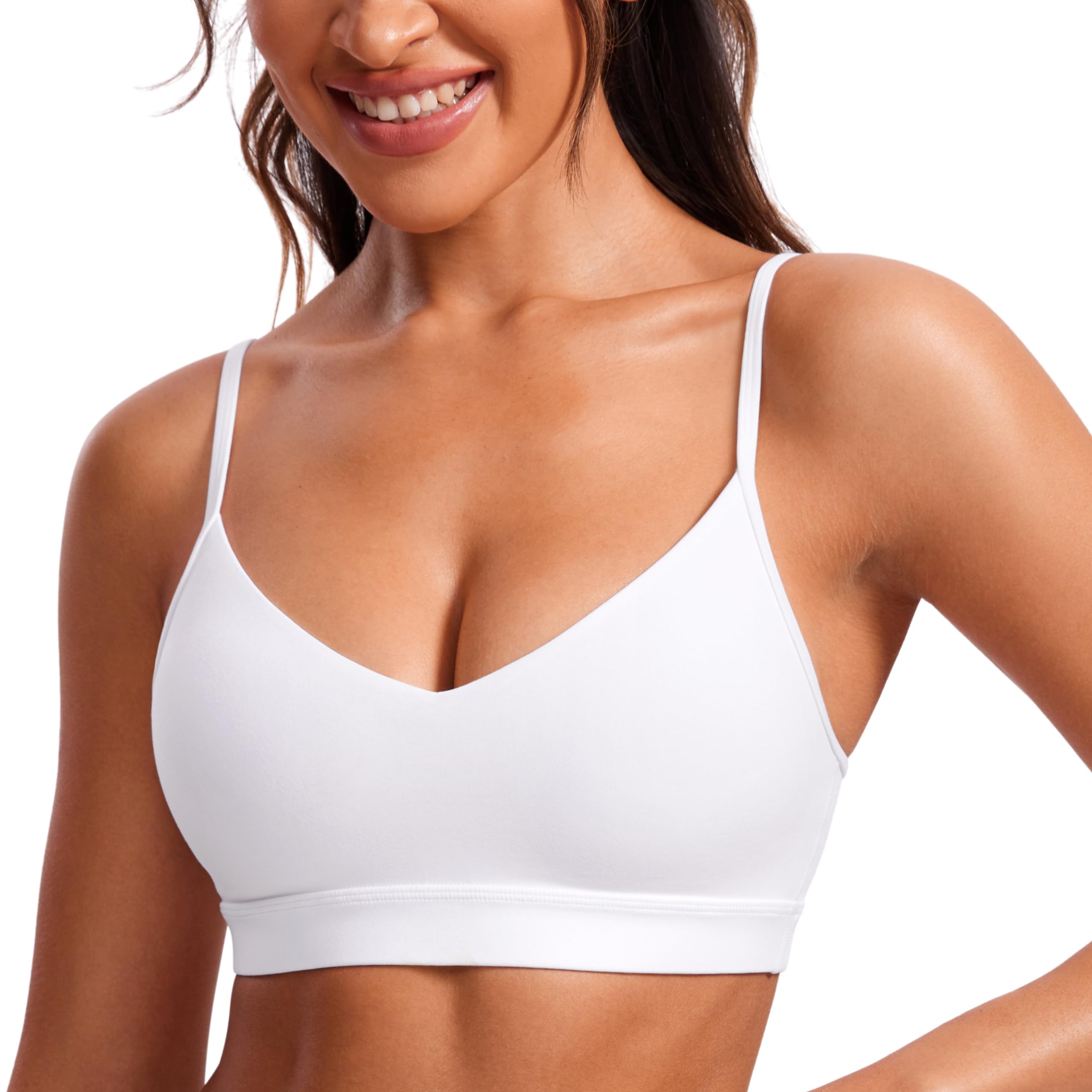 CRZ YOGA Butterluxe V-Neck Sports Bras for Women - Adjustable Thin Straps Padded Yoga Top Basic Wireless Camisole