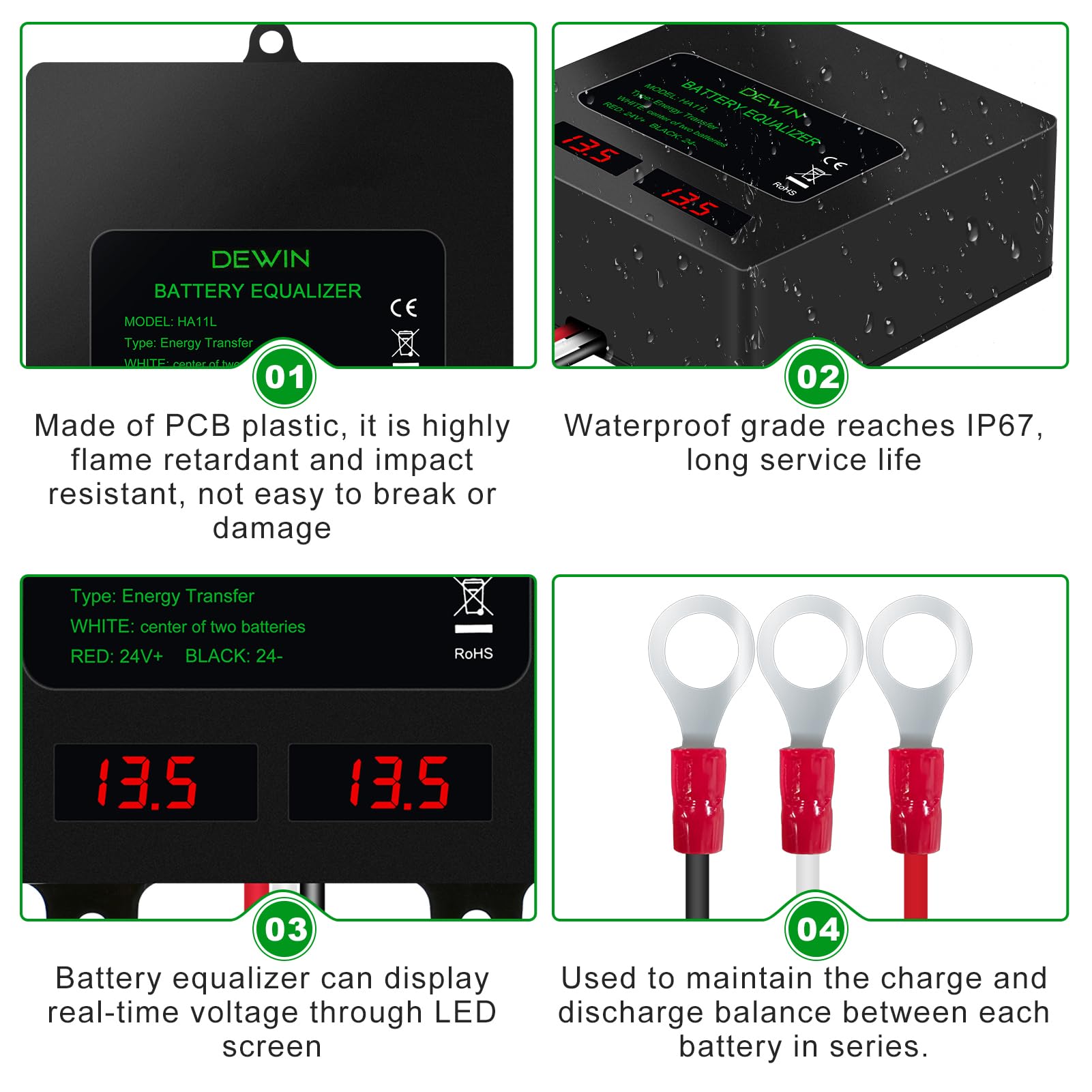 Batterie Balancer 24V, Batterie Equalizer 2x12V Batteria Equalizer Ausgleicher IP67 Solarladesystem Battery Balancer Für Blei Säure Lithium Ionen Lithium Eisen Phosphat