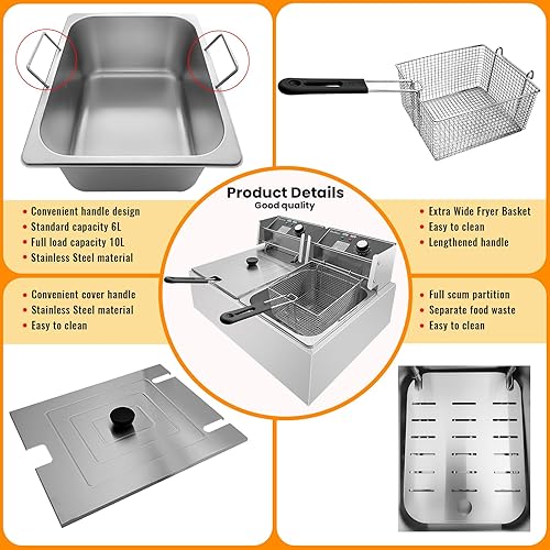 Miniatura 3 de Freidora eléctrica de 3400 W caliente 21QT20L Freidoras comerciales con 2 cestas de uso independiente, freidora de aceite para encimera para uso en