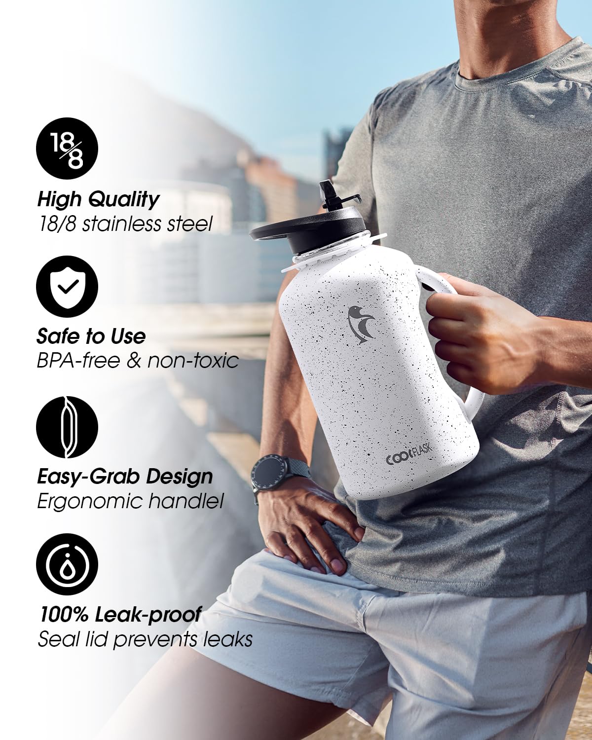 Coolflask Botella de agua de medio galón con popote, jarra de agua aislada de acero inoxidable de 64 onzas con asa de metal de doble pared al vacío termo grande con correa a prueba de fugas, mantiene