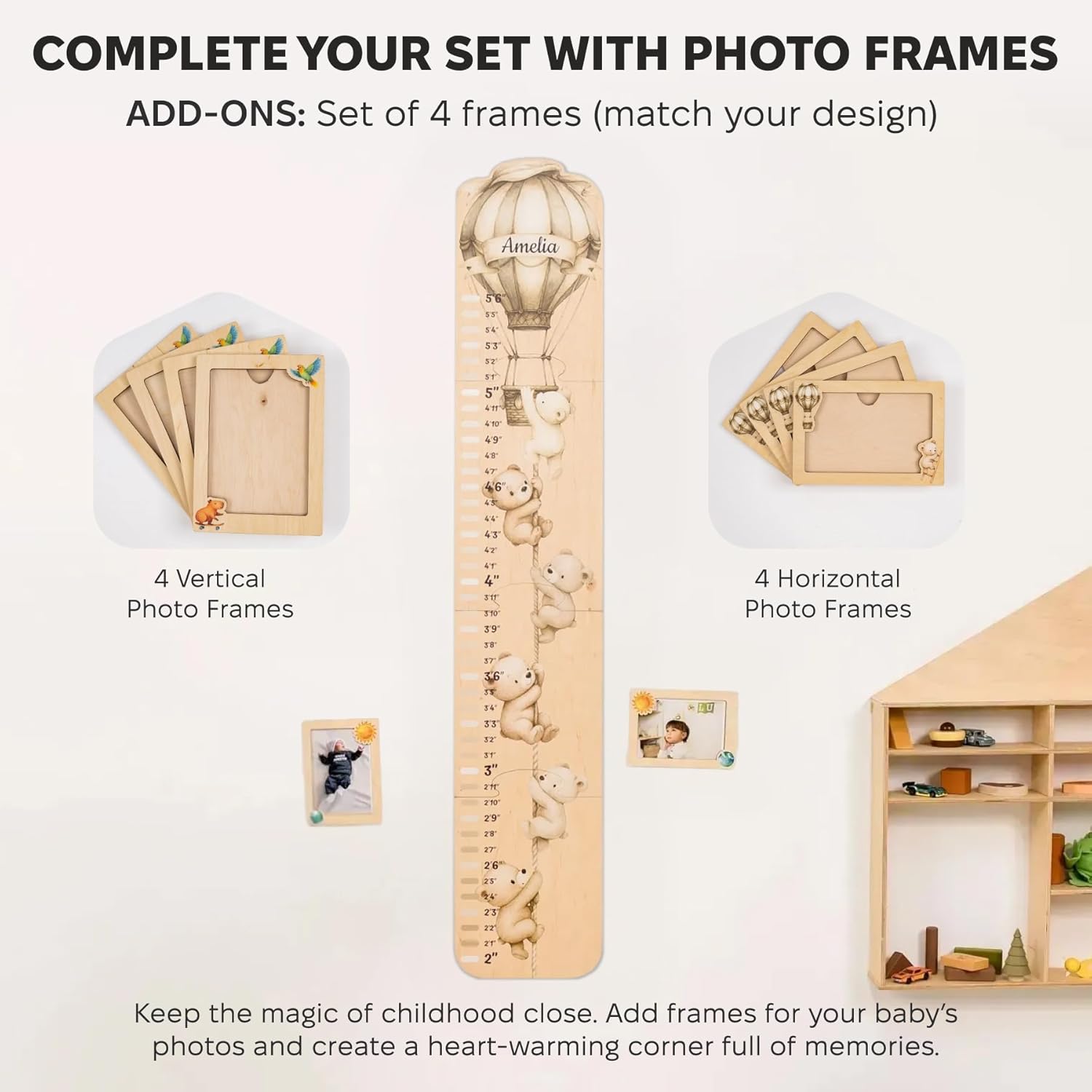 ENJOY THE WOOD Kids Wooden Growth Chart for Wall with Optional Photo Frames - Wall Mounted Height Chart for Kids - Nursery & Playroom Decor Wooden Ruler - Height Measurement Tool (Teddy Bears)