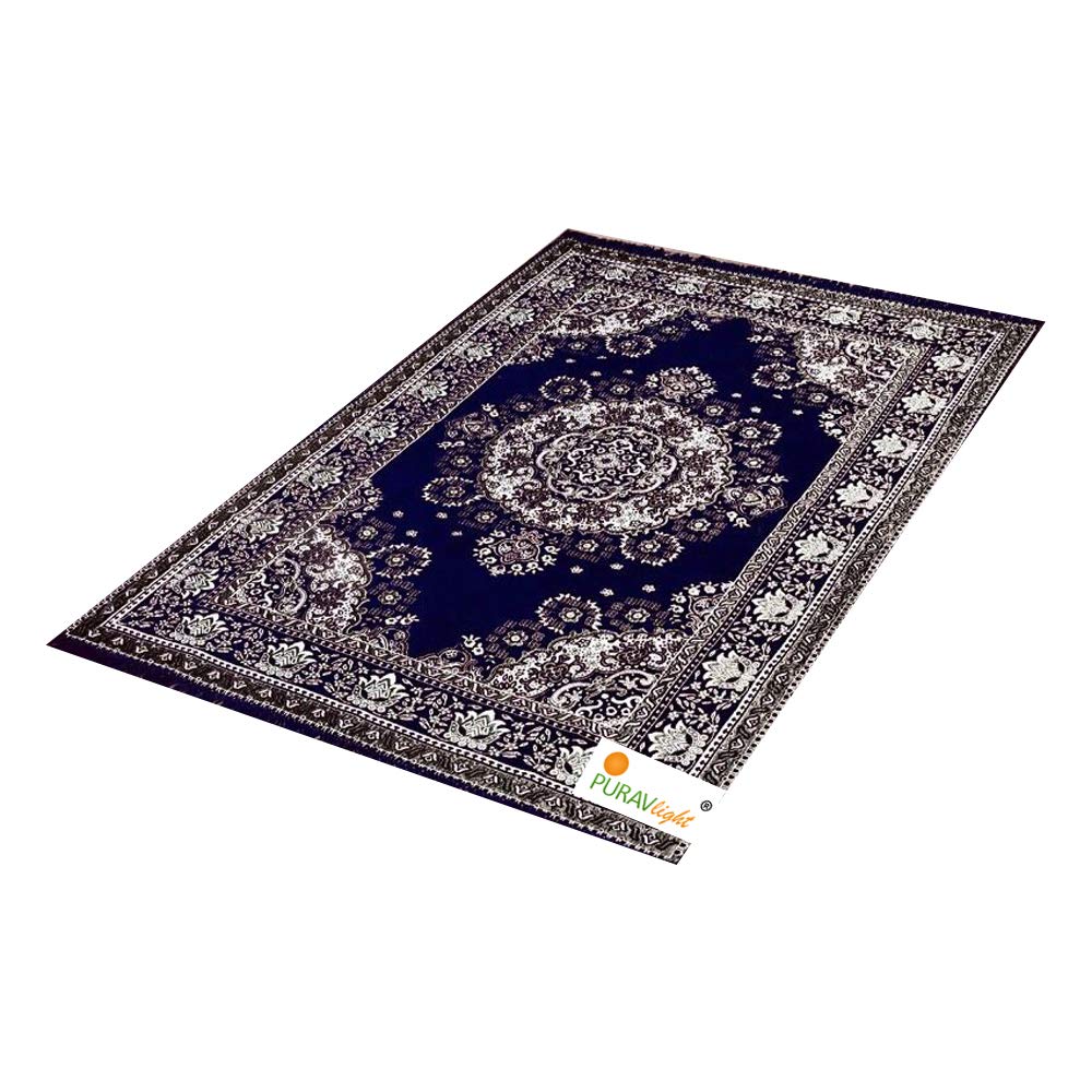Purav Light Home Decor Cotton Carpets for Living Room 5x7 feet Multi-Use Flower Design Carpet Mats (Blue Colour)