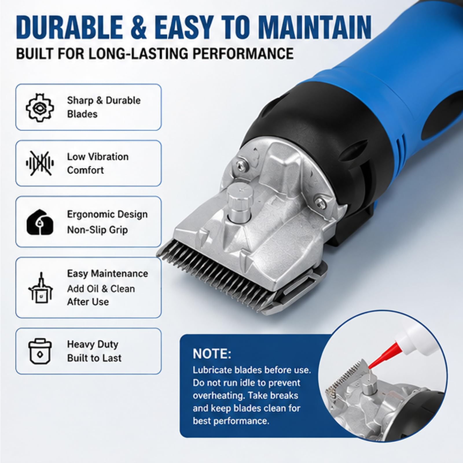 Tosatrici elettriche per cavalli, kit professionale per toelettatura peli animali con 6 velocità regolabili, cesoie per bestiame a basse vibrazioni, trimmer resistente per cavalli, pecore, bovin Blue