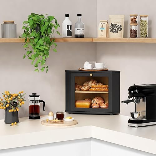 Miniatura 2 de Goozii Panera de esquina para encimera de cocina, contenedor de almacenamiento de pan negro para pan casero, caja de pan de dos capas debajo del