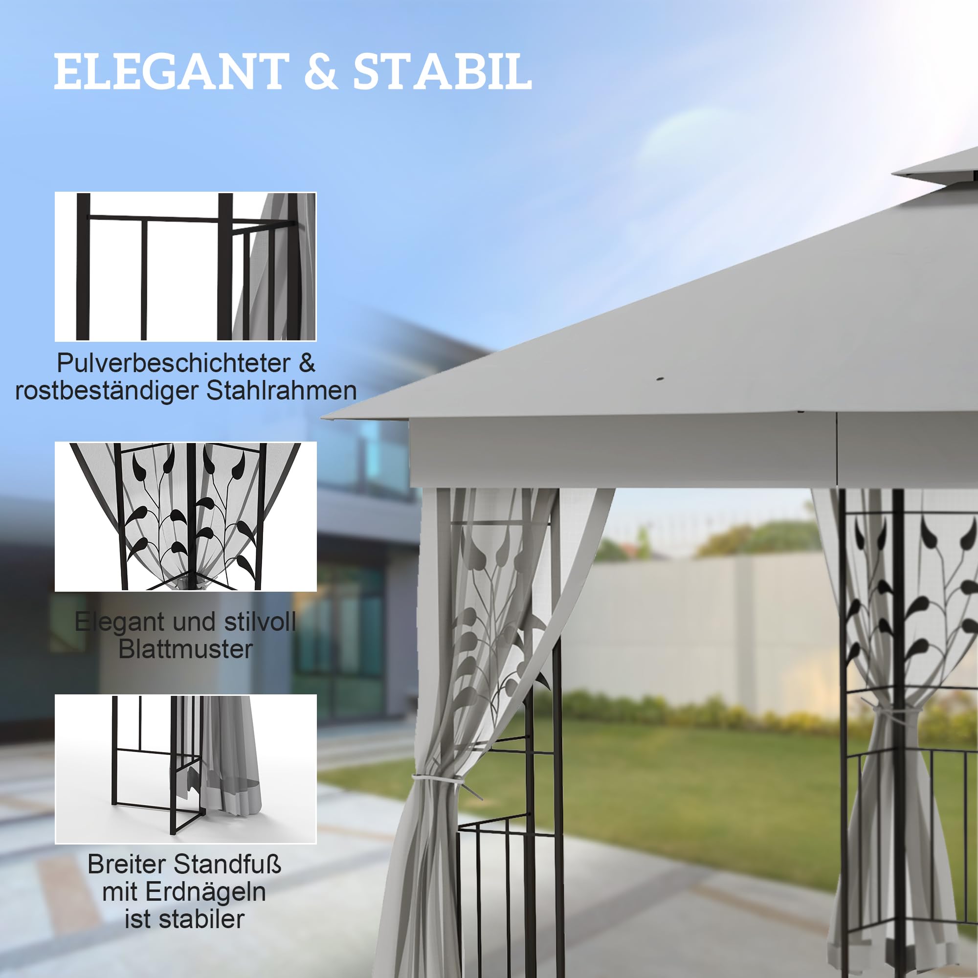 Outsunny Pavillon mit Doppeldach, 3x3 m Wasserabweisend Stabil Winterfest Gartenpavillon mit Moskitonetz, Garten Pavillon aus Stahl, Partyzelt für Garten, Terrasse, Hellgrau