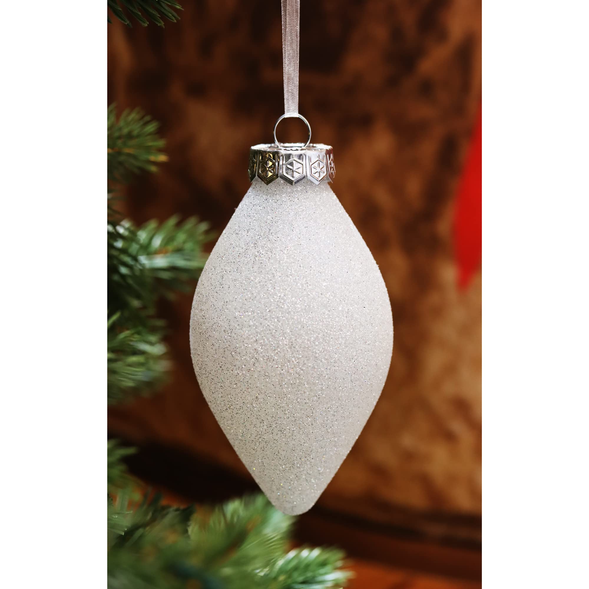 SLEETLY 12pk Christmas Tear Drop Finial Hanging Pendant Ornaments for Tree Holiday Xmas Decorations, Long 4 inch Big Shatterpoof Plastic, Snowball