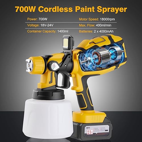 Miniatura 2 de Pulverizador de pintura inalámbrico de 700 W con 2 baterías de 4.0 Ah y cargador rápido, pistola eléctrica HVLP, 3 boquillas de latón, flujo