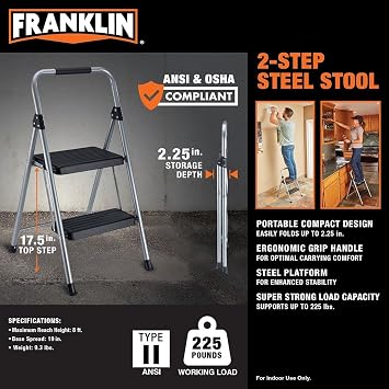 2 Step (Two-Step) Stool Ladder by Franklin Type II ANSI 225lbs Steel Construction