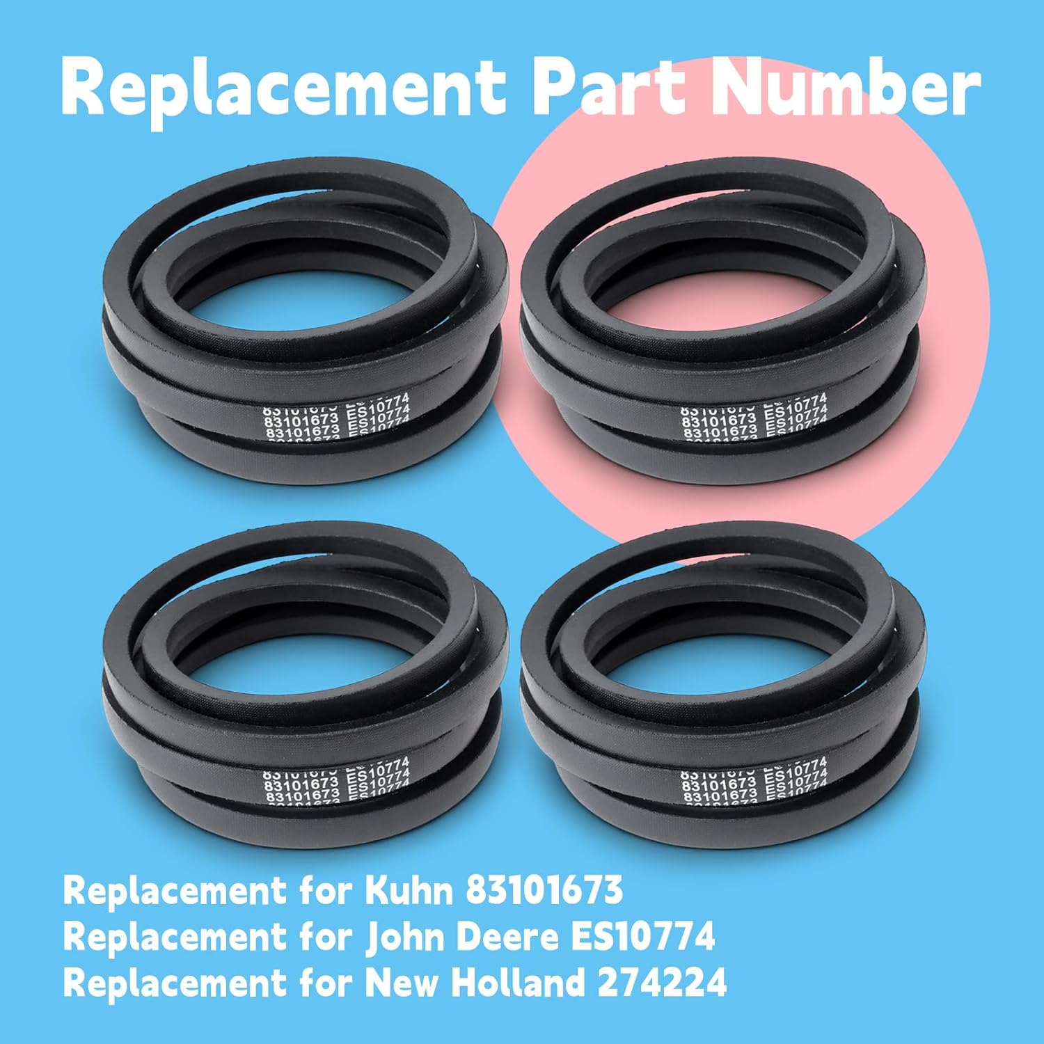 4Pcs 83101673 Main Drive Belt Replacement for Kuhn GMD66 GMD77 GMD500 for New Holland 465 463 462 452 442 for John Deere 260 270 Disc Mower Replace ES10774 274224 Lawn Mowers Deck V-Belt