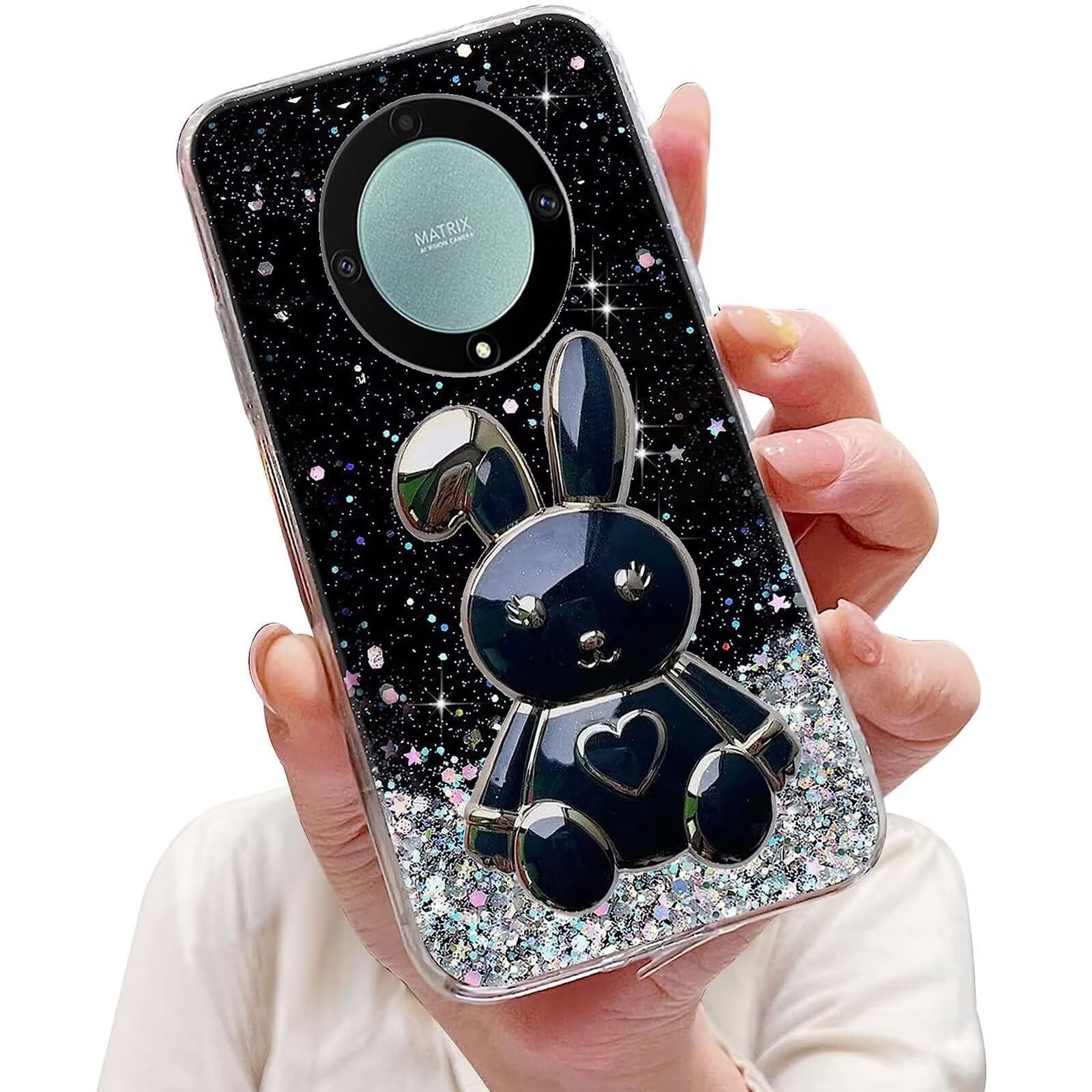 Custodia Honor Magic 5 Lite 5G Con Coniglietto 3D E Glitter - Cover Morbida Trasparente Viola Con Cavalletto - 4