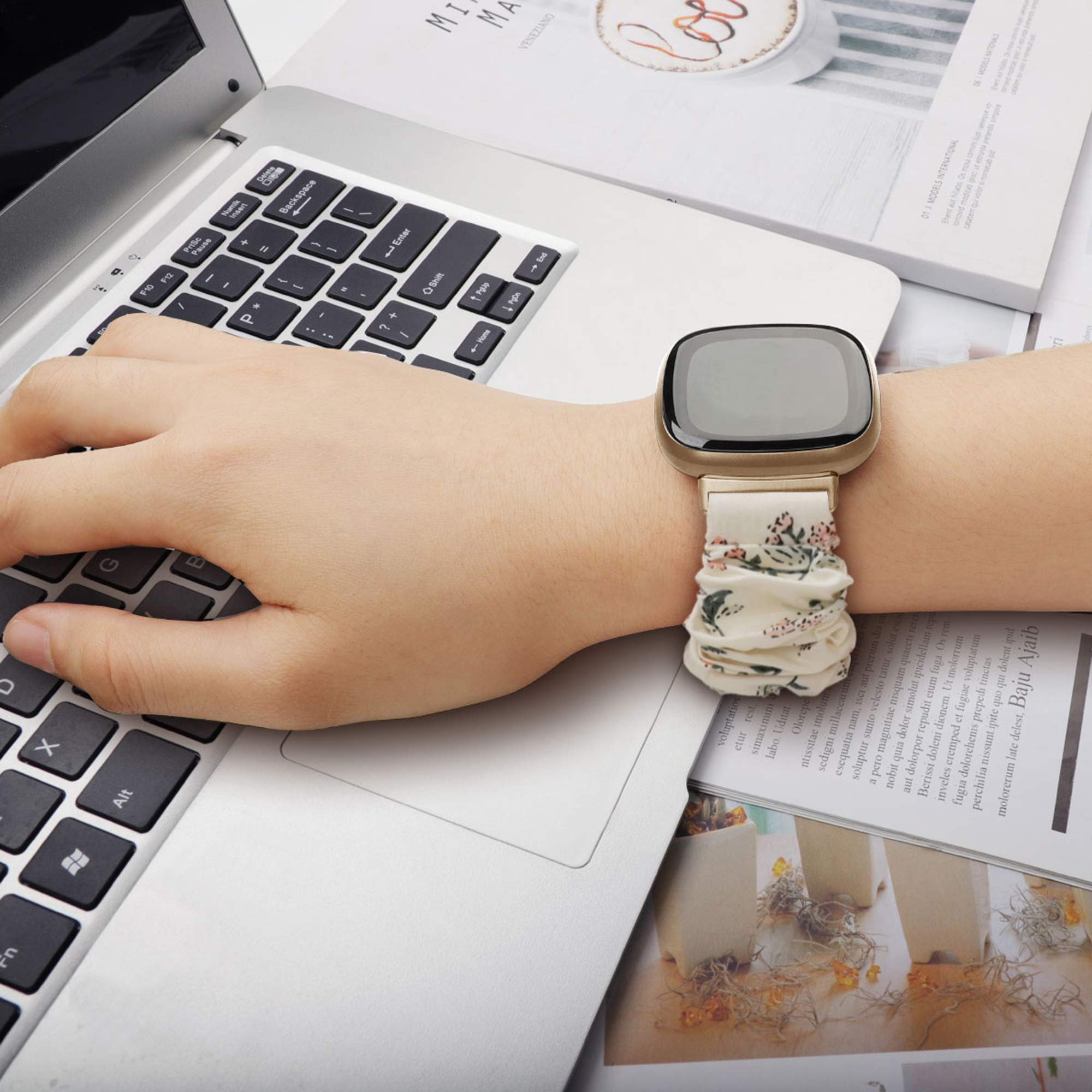 Compatible with Fitbit Versa 3/ Fitbit Sense Bands Women, Feminine Elastic Stretch Fabric Scrunchy Replacement Watch Band Straps Bracelet Wristband Fit for Fitbit Sense/ Versa3 (Beige, Small)