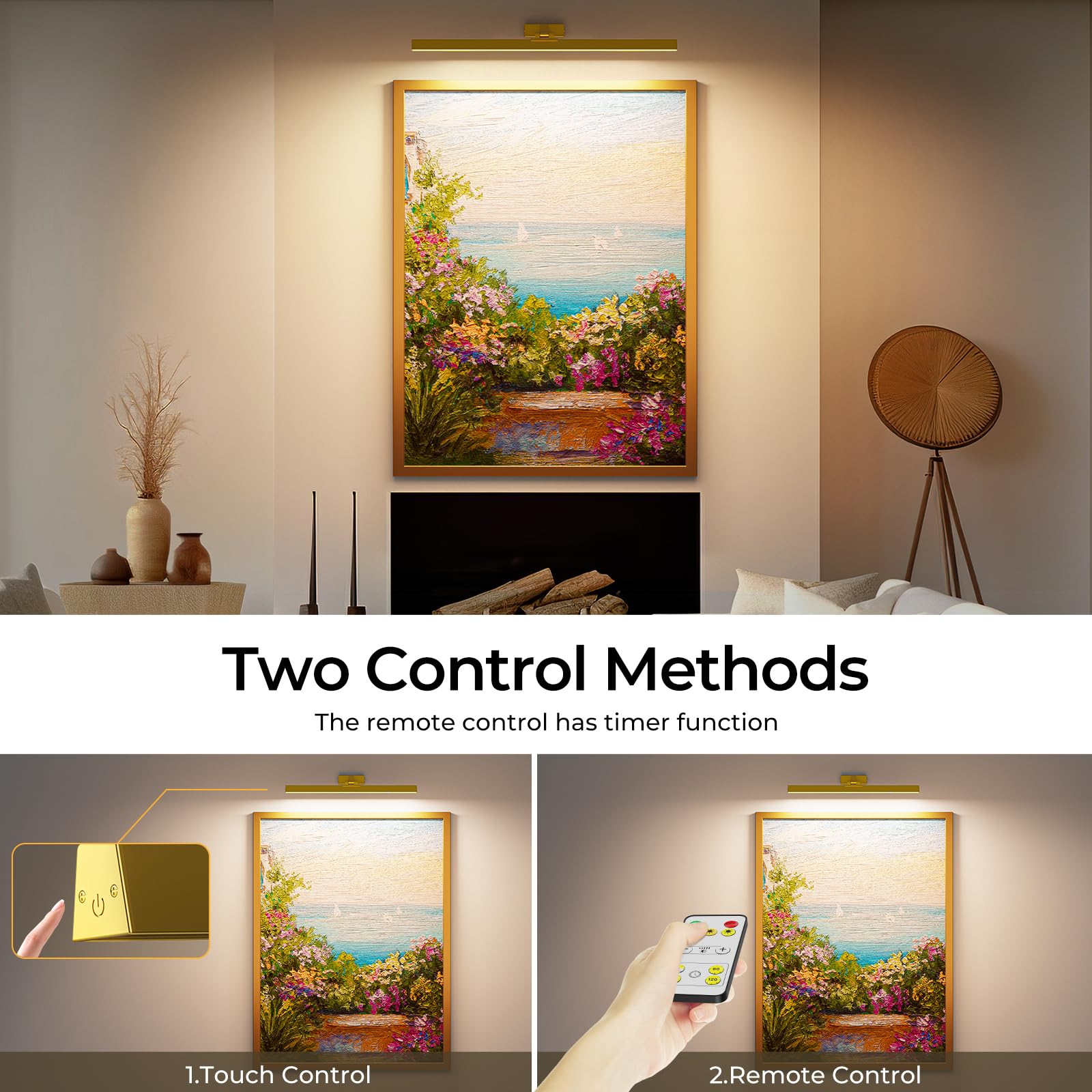 AIBOO - Lámpara LED inalámbrica recargable con mando a distancia, 60 cm, iluminación de imagen inalámbrica, 6500 mAh, lámpara de pared interior, iluminación regulable (dorado)