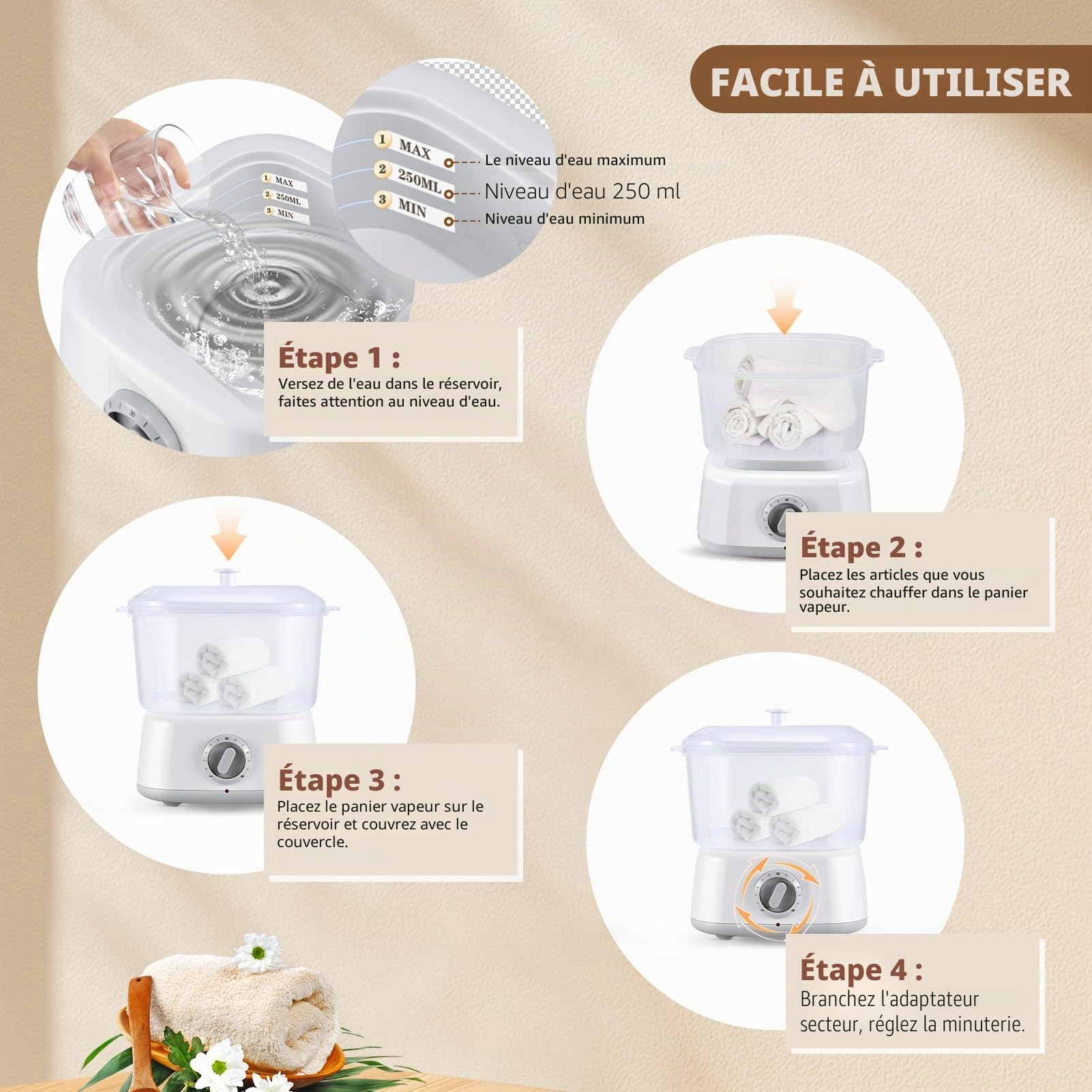Chauffe-serviettes, défroisseur à vapeur avec clip pour serviette, grande capacité de 3 L, chauffe-serviettes de beauté, chauffe-serviettes chaudes à chauffage rapide pour le visage, barbier