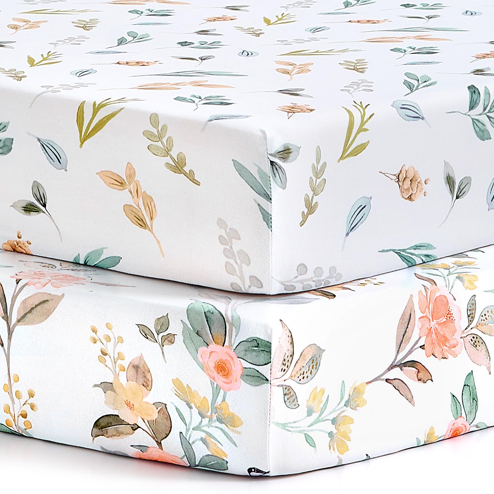 Pack n Play Sheets, BROLEX 2 Pack Mini Crib Sheets,Stretchy Portable Fitted Playard Sheet Set, Convertible Playard Mattress Cover,Ultra Soft Breathable Material,Rose &amp; Foliage