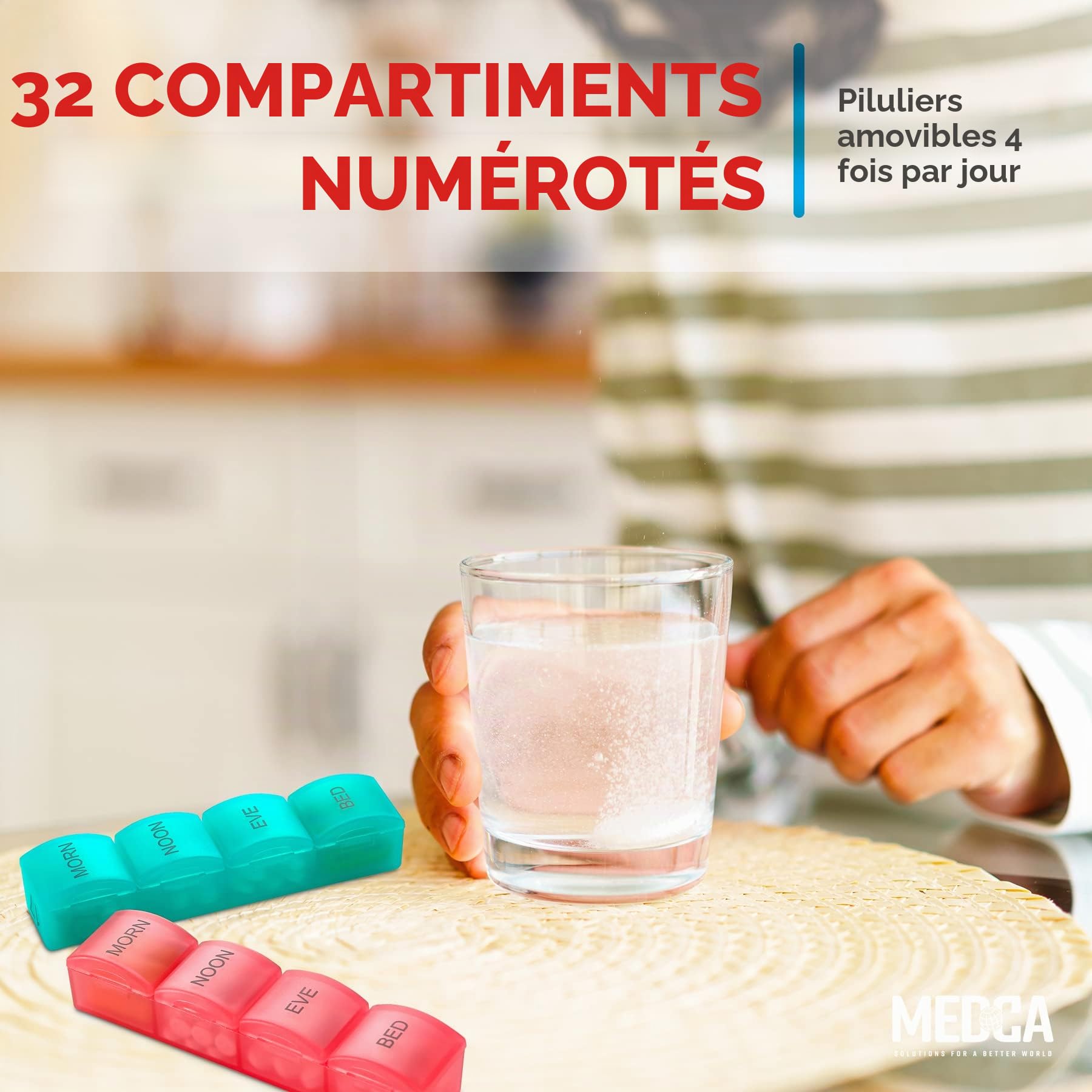 Pilulier du mois - 4 fois par jour matin-midi-soir-nuit - Grands piluliers quotidiens 32 avec compartiments pour vitamines, suppléments