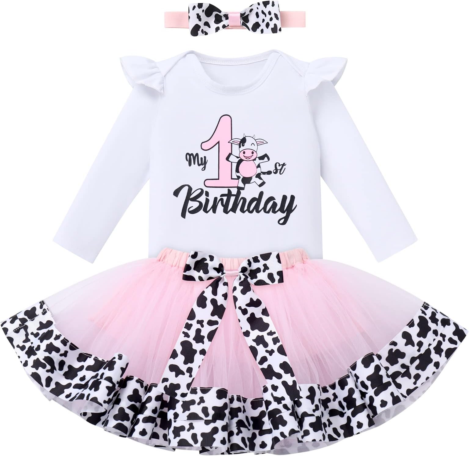 IBTOM CASTLECake Smash Outfit Baby Girls 1st Birthday Cows Farm Princess Romper+Tutu Skirt+Headband Clothes Set Photo Props