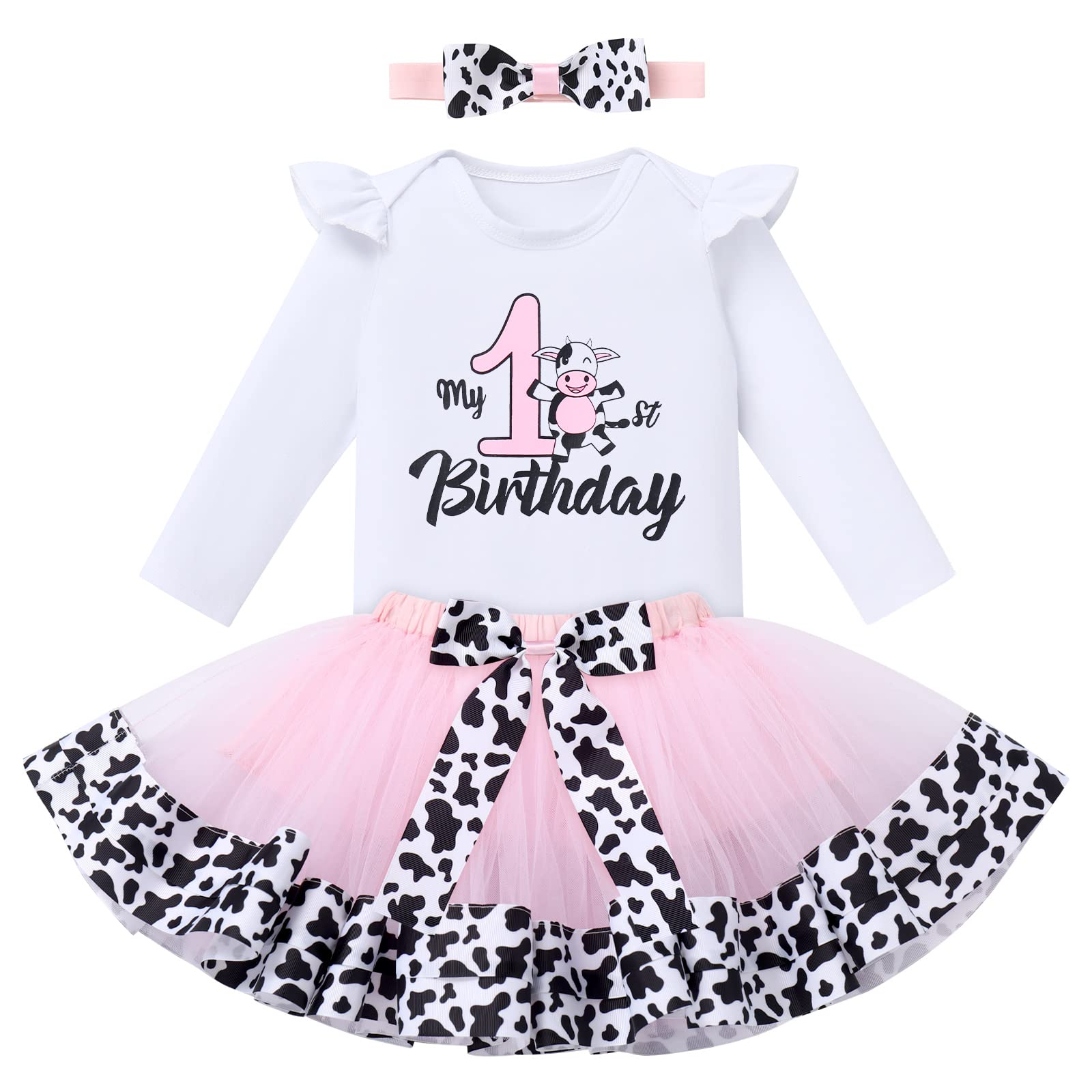 IBTOM CASTLECake Smash Outfit Baby Girls 1st Birthday Cows Farm Princess Romper+Tutu Skirt+Headband Clothes Set Photo Props