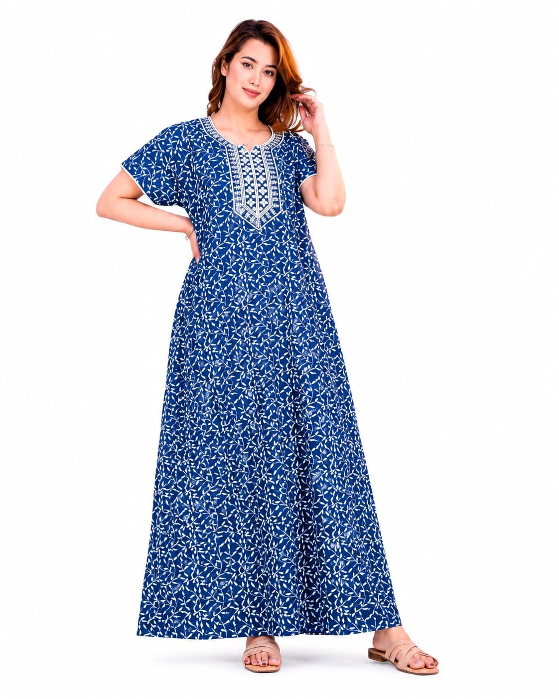 mik & misha Women's Pure Cotton Maxi Nighty, Blue, Block Print, Rajasthani Jaipuri Style-picture-29