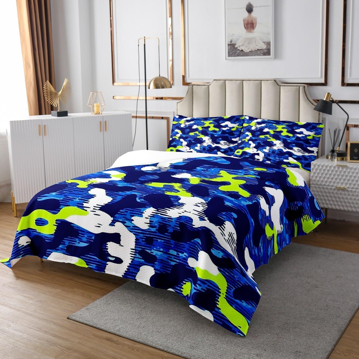 Erosebridal Camouflage Blue Bedspread Queen Size Yellow White Quilted Room Decor Army Campaign Militarily Style Coverlet Set Abstract Geometric Colorful