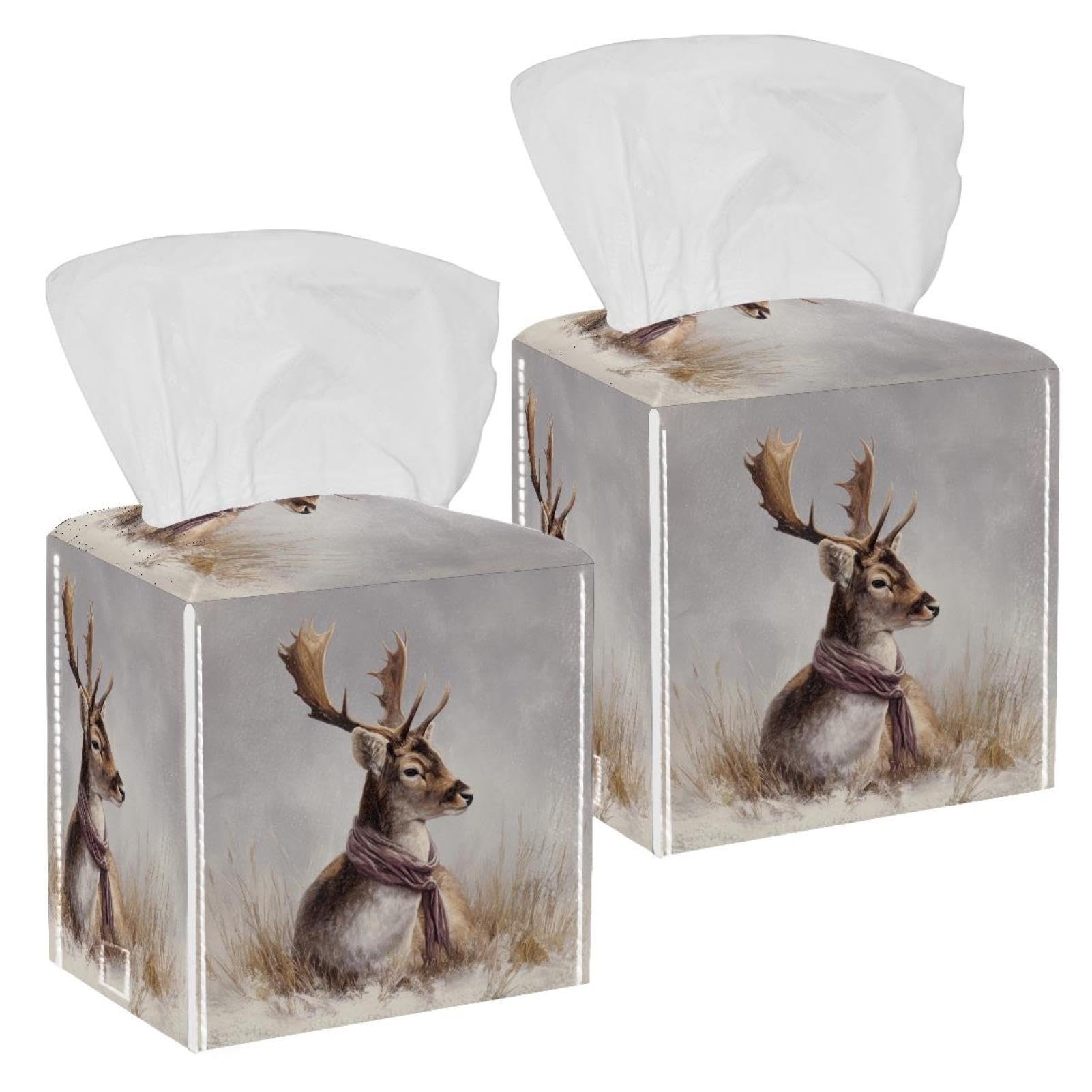 Deer Tissue Box Cover, 2 Pack PU Leather Square Facial Tissue Dispenser Box holder for Home Office Car